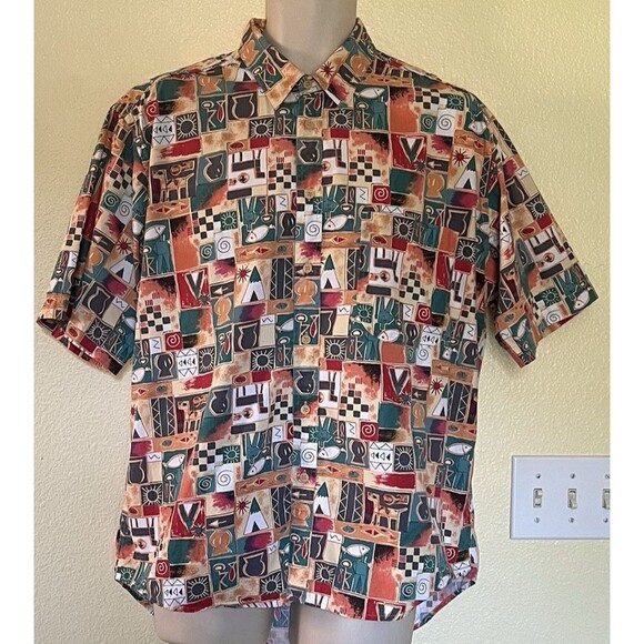Woolrich Mens Southwest Aztec Tribal Hi Lo Short Sleeve Button Down Shirt L - Picture 2 of 6